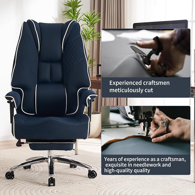 Big and Tall Office Chair 400lbs Wide Seat, Leather High Back Executive Office Chair with Foot Rest, Ergonomic Chairs Lumbar Support for Lower Back Pain Relief (Mesh Dark Blue)