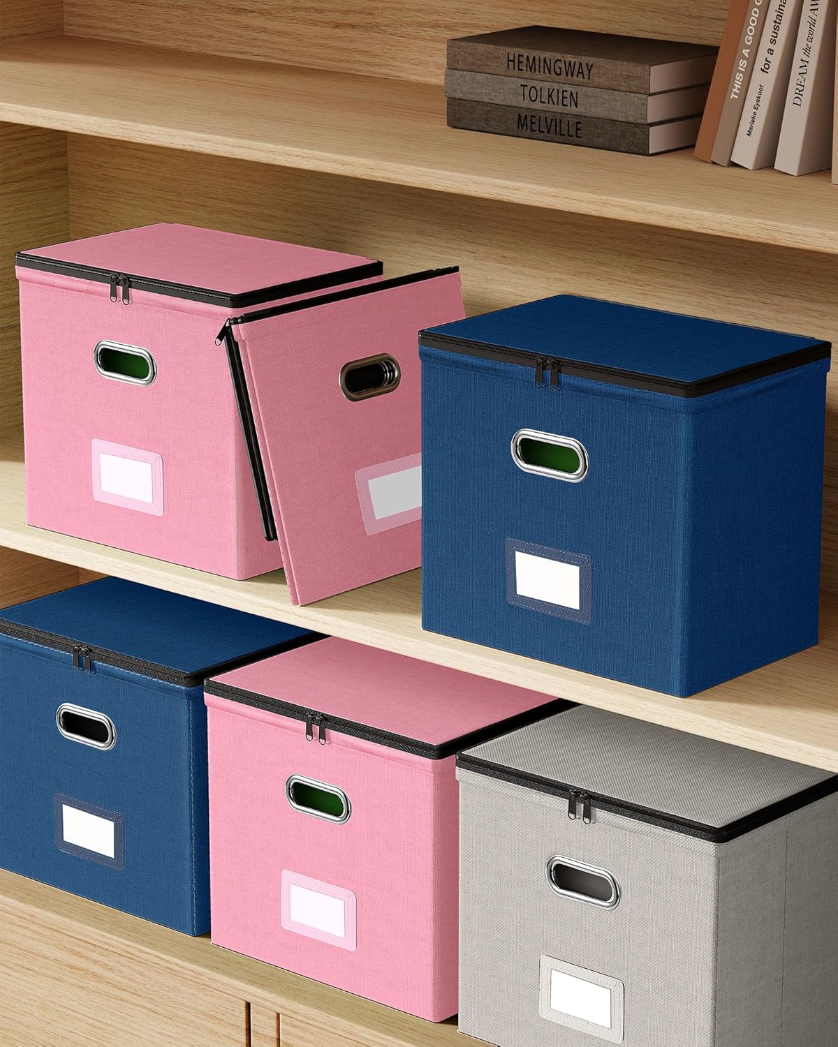 Oterri File Organizer Boxes with Lids, File Box with Mesh Pockets, Document Organizer Box for Letter Size Folders, Zippers Important Document Organizer (Dark Blue, Small-2 Pack Without Folders)