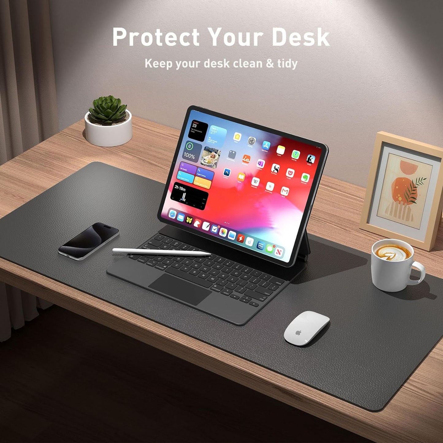 Aothia Leather Desk Pad Protector, Mouse Pad, Office Desk Mat, Non-Slip PU Leather Desk Blotter, Laptop Desk Pad, Waterproof Desk Writing Pad for Office and Home (48"x17", Gray)