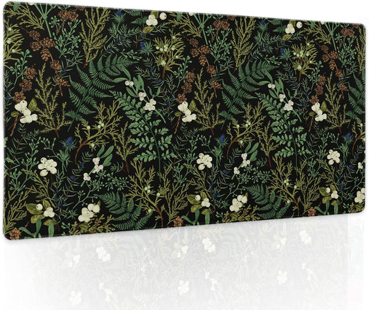 Black Aesthetic Vintage Botanical Gaming Mouse Pad Large XL Cute Forest Green Plant Nature Floral Extended Large Big Mousepad Non-Slip Stitched Edge Long Mat for Desk Computer,24x14 Inch,60x35 CM