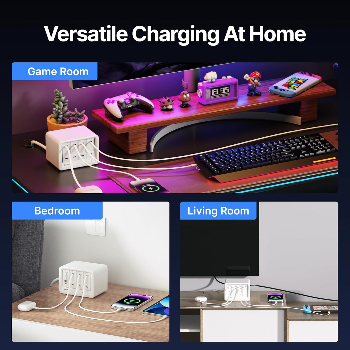 12-in-1 Desktop Charging Station with 4 Retractable Wall Chargers, 40W USB-C Power Strip with 4 AC, 4 USB C, 4 Type-C 31.5in Cables, Extension Cord with 1020J Surge Protection for Home Office