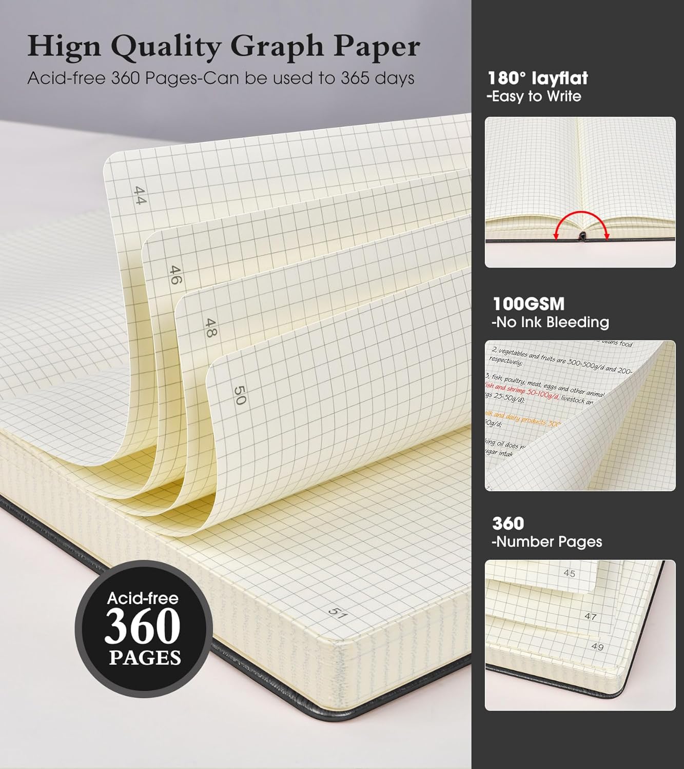 Graph Paper Notebook Journal, 360 Numbered Pages Grid Notebooks, Thick 100gsm Graphing Paper Journals for Writing Women Men, A5 Large Hardcover Leather Graph Notebook 5.75'' × 8.38'' Black