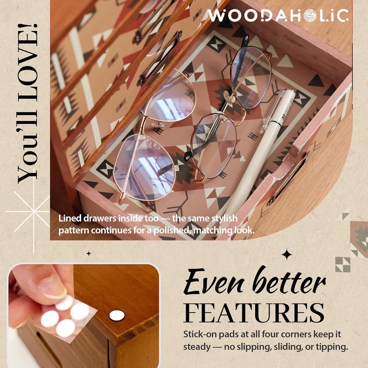 Boho Navajo Wooden Desk Organizer with Drawers – 4-Drawer Desktop Storage Box – Rustic Tribal Wood Desk Organizer for Office, Vanity, or Craft Supplies – Compact & Stylish Wooden Storage Drawers