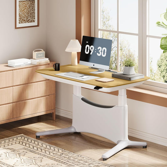 COLAMY Electric Adjustable Standing Desk – 48 x 28 Inch Sit Stand Desk with Drawer & Cable Management, Dual Motor Lift System, Ergonomic Footrest, Home Office Table (Veneer Desktop, Oak + White)