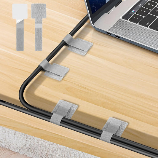 Desk Cable Management, Wire Organizers for Cords - Upgrade 48 PCS Grey Sticky Back Self Adhesive Cable Ties, Hook and Loop Straps for Home or Office Use