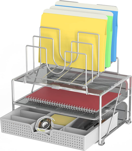 DecoBrothers Desktop File Organizer with Double Tray and 5 Folder Stand, Silver