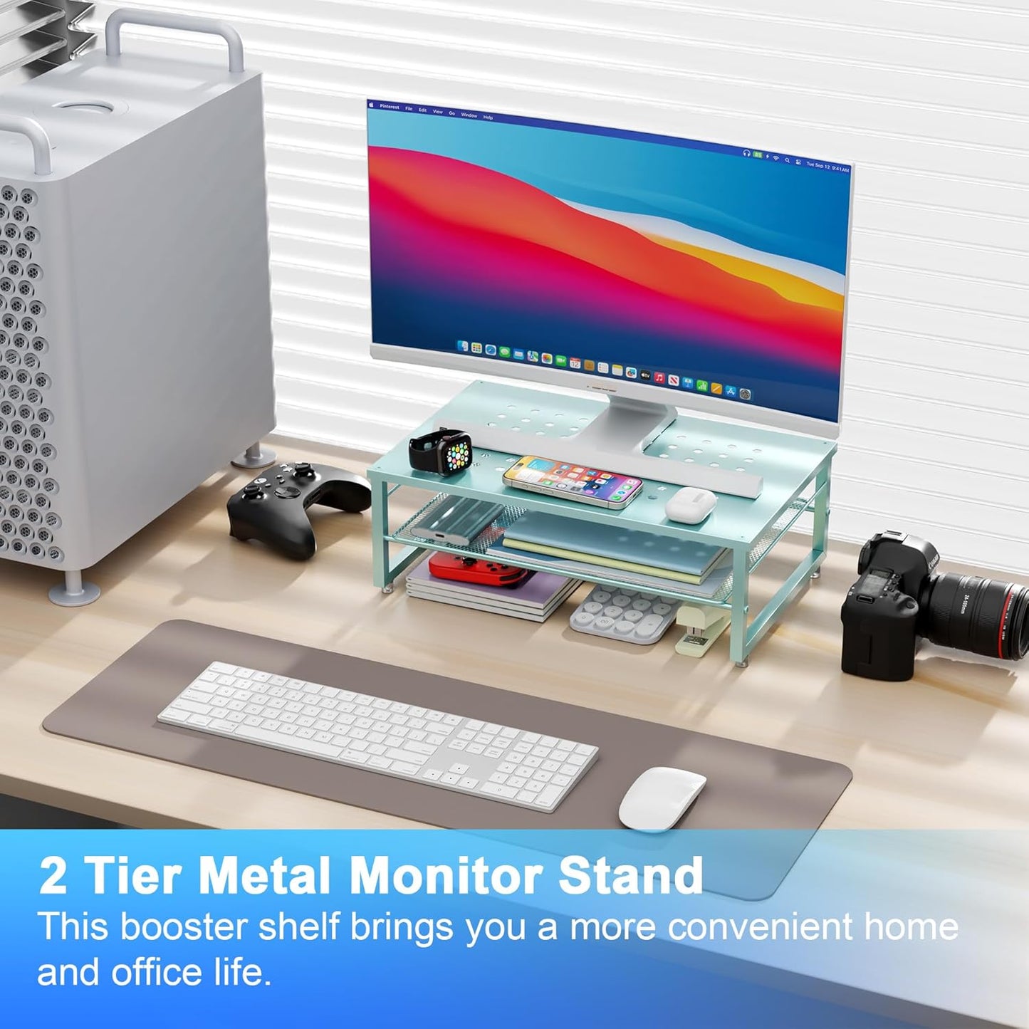 gianotter 2-Tier Metal Monitor Stand Riser, Desk Organizer for Monitor, Office Desk Storage Organizer for Office Supplies (Blue)