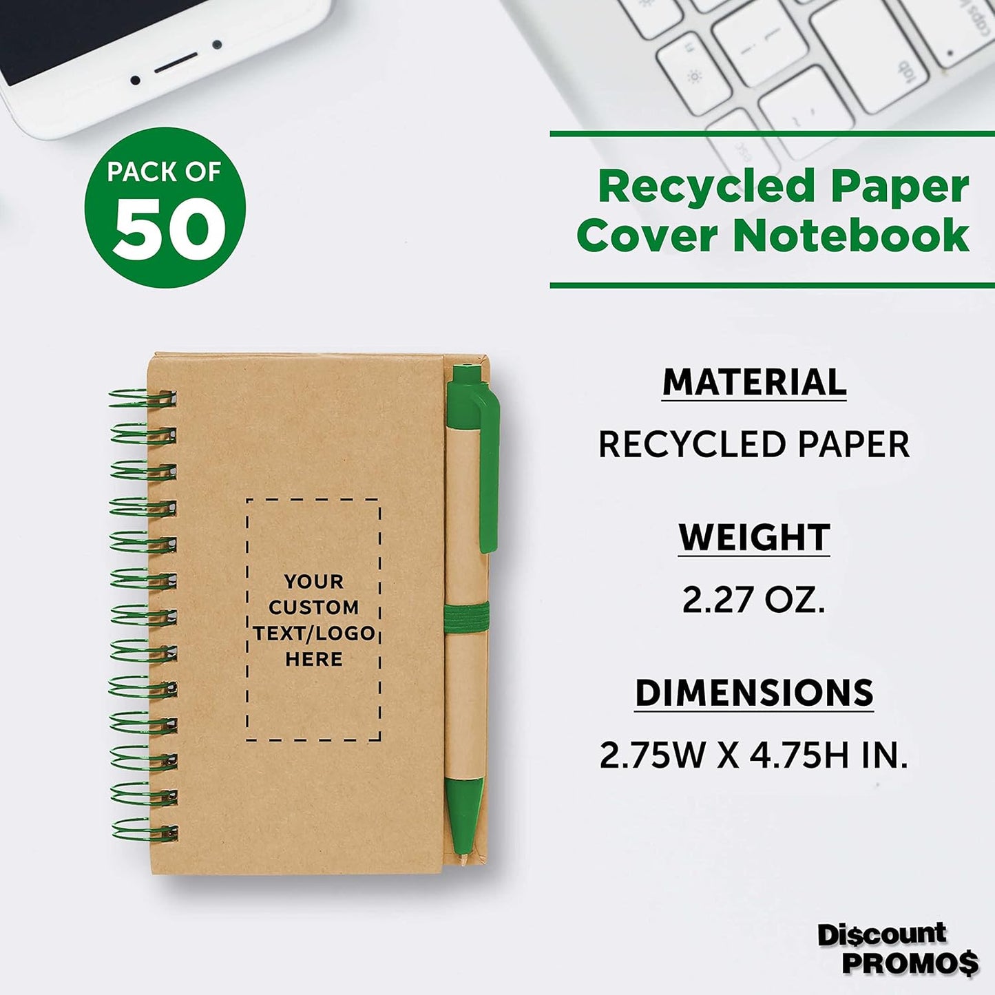 Custom Mini Spiral Notebooks with Black Ink Pens Set of 50, Personalized Bulk Pack - Perfect for School, Office, Business, Home - Green