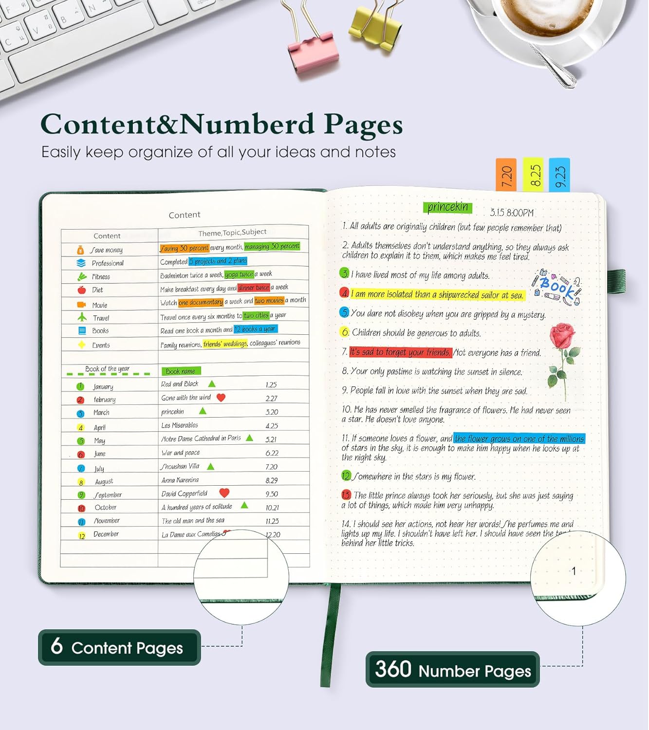 Dotted Journal Notebook, 360 Numbered Pages Bullet Dot Grid Journal,100gsm Dot Paper Thick Hardcover Leather Journal for Writing Women Men, A5 Dotted Grid Notebooks for Work 5.75" x 8.38" Green