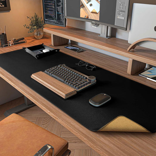 DAWNTREES Dual Sided Desk Mat,Leather Desk Pad,Black 40"x16",Cork Desk Mat Protector,with PU Leather Valet Tray Organizer,Large Mouse Pad,Desk Writing Pad for Office and Home