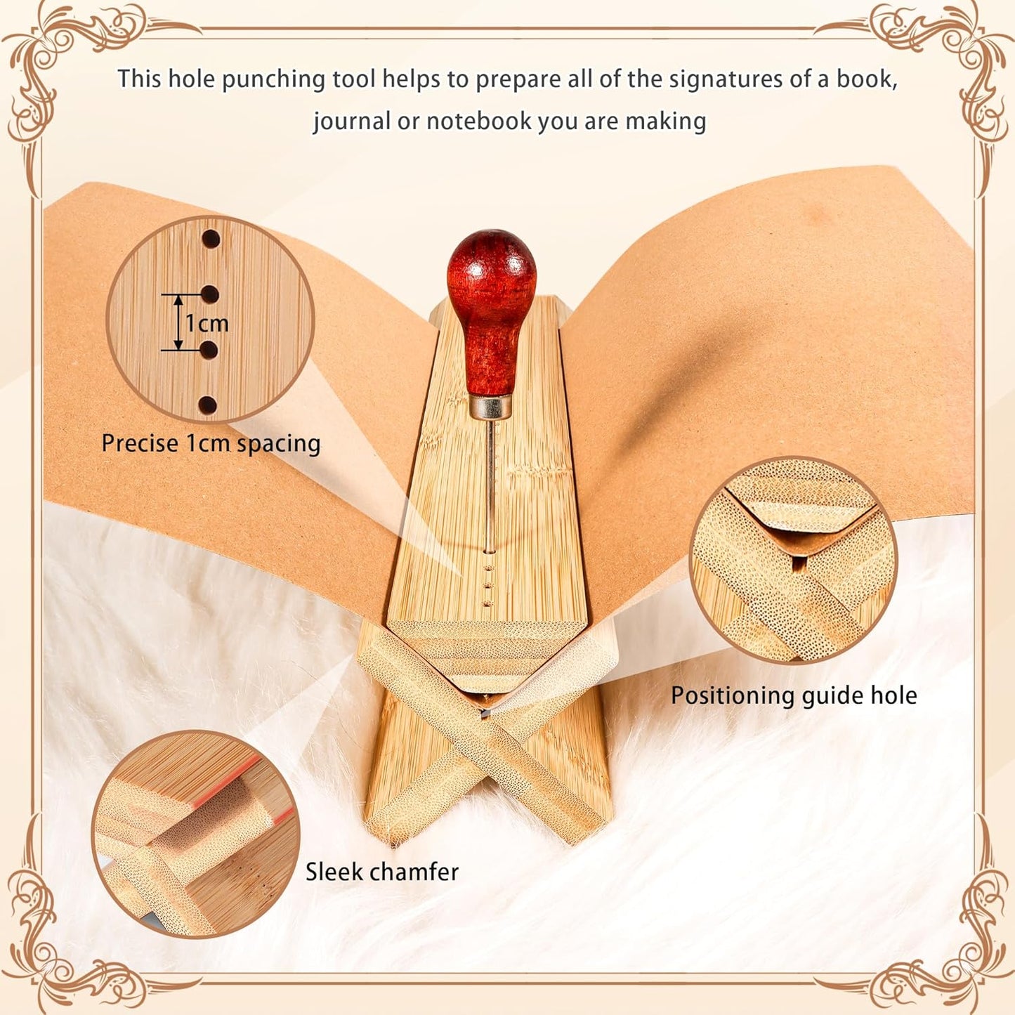 Bamboo Book Binding Cradle with an Awl, Wood Bookbinding Punching Cradle with Piercing Guide, Polished Smooth Surface, Sturdy and Durable, Easy to Use Guide