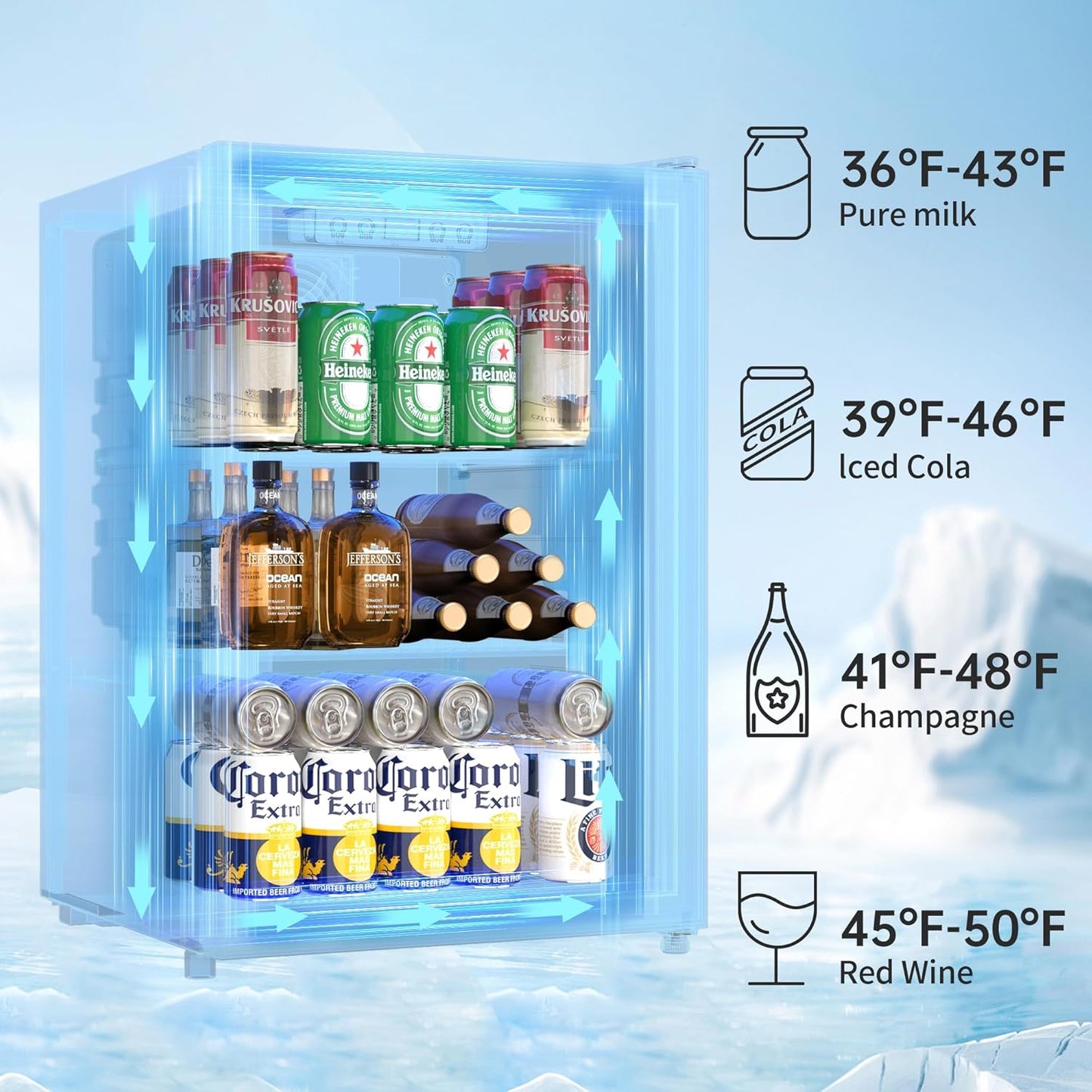 Beverage Refrigerator and Cooler, Freestanding Drink Dispenser for Soda Beer or Wine,90 Can Mini Fridge with Glass Door,Digital Temperature Control,Home, Bar, Office (Silver, 2.48 Cu.Ft)