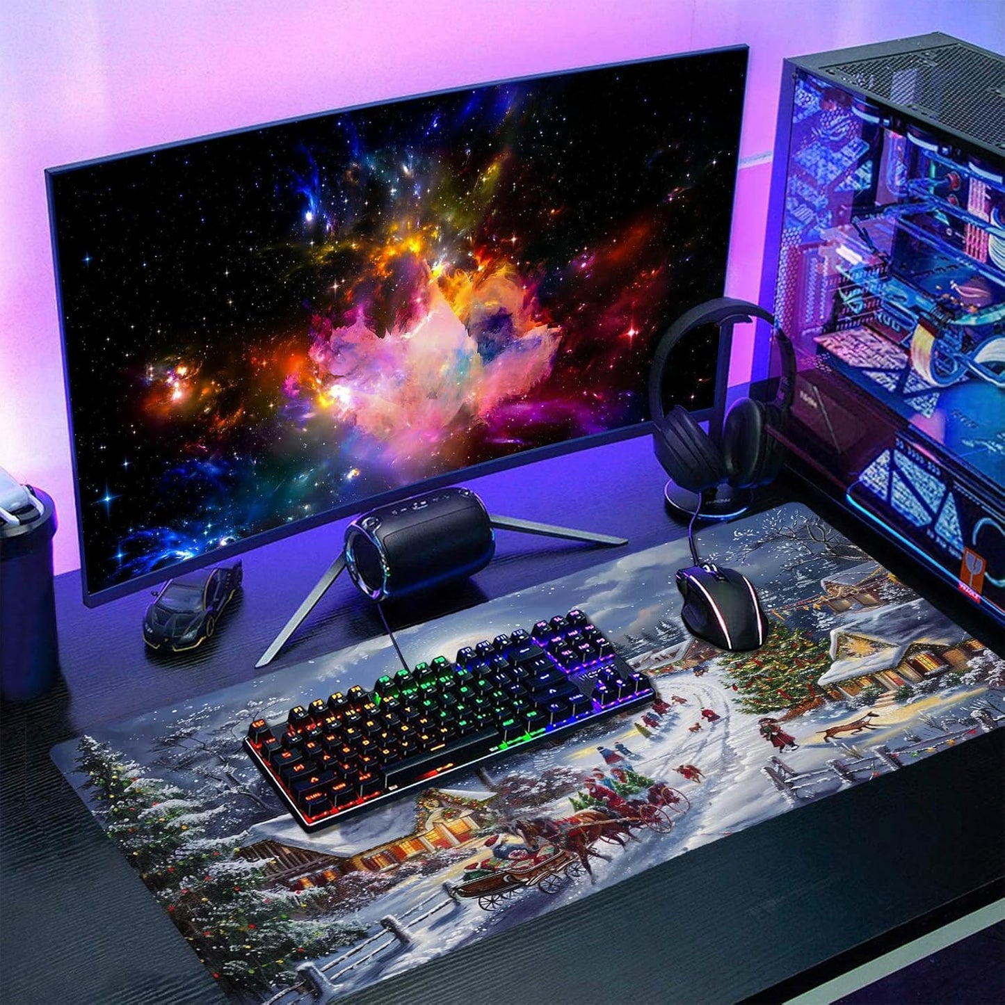 Christmas Gaming Mouse Pad XXL Xmas Tree Deer Snowflake Extended Winter Holiday Large Mat Mousepad Desk Pad Non-Slip Rubber Base Stitched Edge Keyboard Pad Playmat for Computer,35.4×15.7 Inch