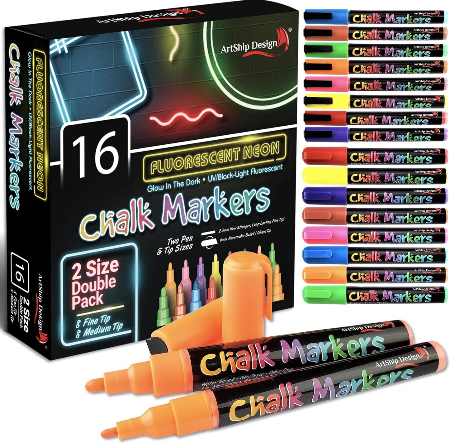 16 UV Fluorescent Neon Chalk Markers - Double Pack of Both Fine & Reversible Medium Tip Liquid Chalk Pens Wet Erasable Menu Boards, Glass, Whiteboards, Mirrors, Non-Porous Chalkboards, Plastic, Metal
