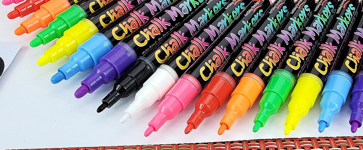 18 Neon Chalk Markers - Double Pack of Fine and Medium Tip Liquid Chalk Pens - Wet Erasable for Menu Boards, Glass, Windows, Whiteboards, Classrooms, Mirrors, Plastic