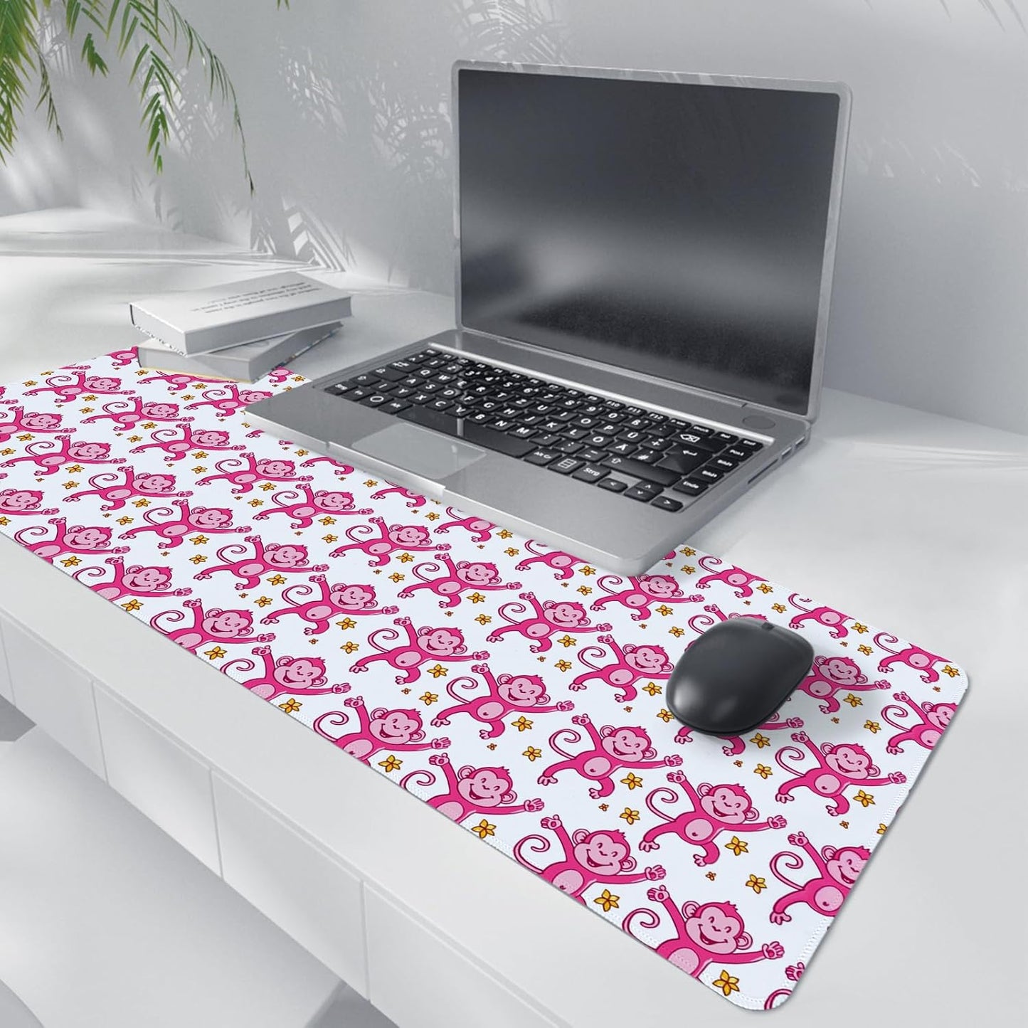 Cute Pink Monkey Mouse Pad,Pink Monkeys Decor for Girly Room Desk Mouse Pad,Preppy Girly Large Desk Mat for Dorm Home Office,Teen Girl Monkey Gifts,31.5x11.8 Inch