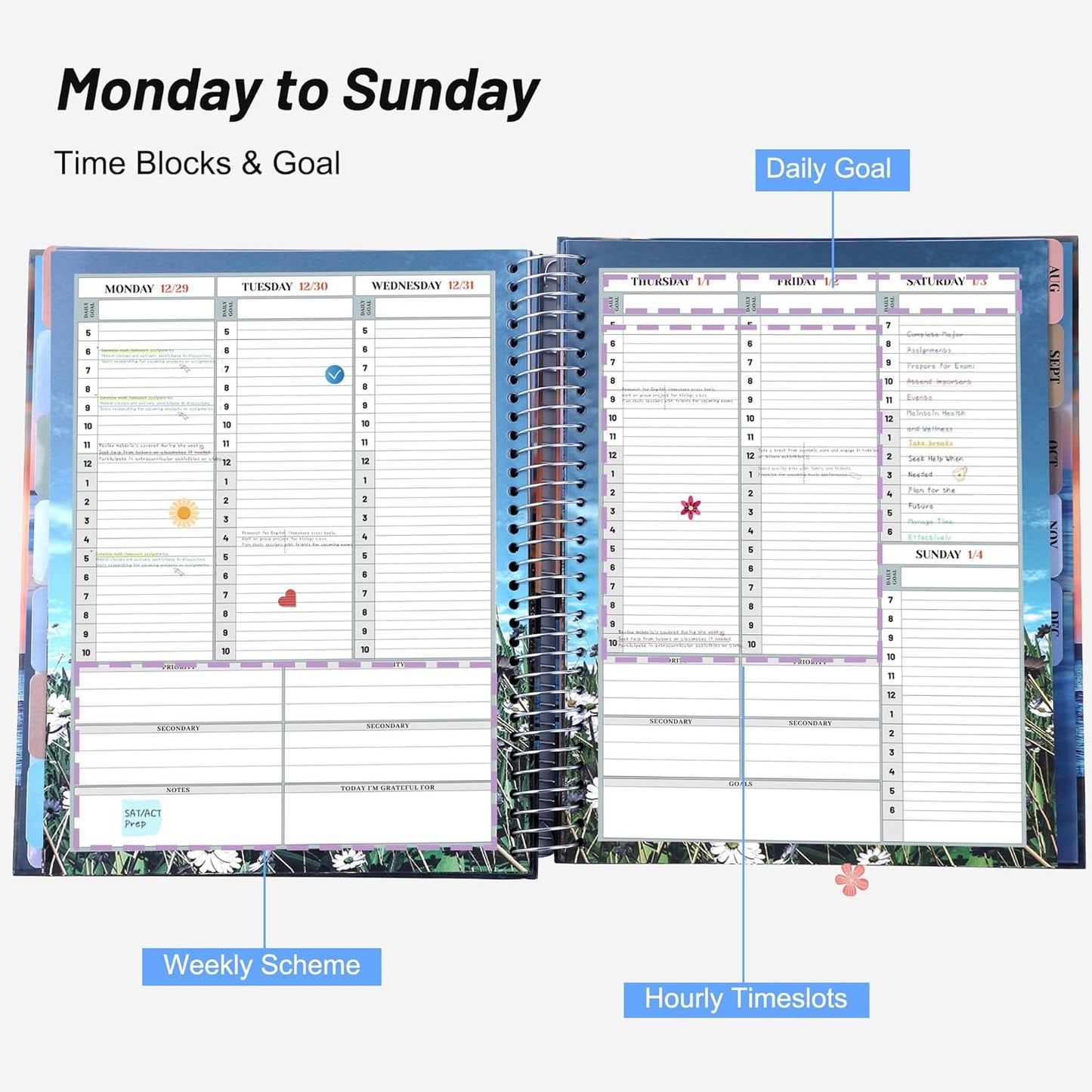 CAGIE Planner 2026 Monthly (Jan. 26-Dec. 26), 12 Month Academic Planner 8.5"x11", Large Daily Planner with Hourly Timeslot, Monthly Tab, Spiral Binding, Bookmark