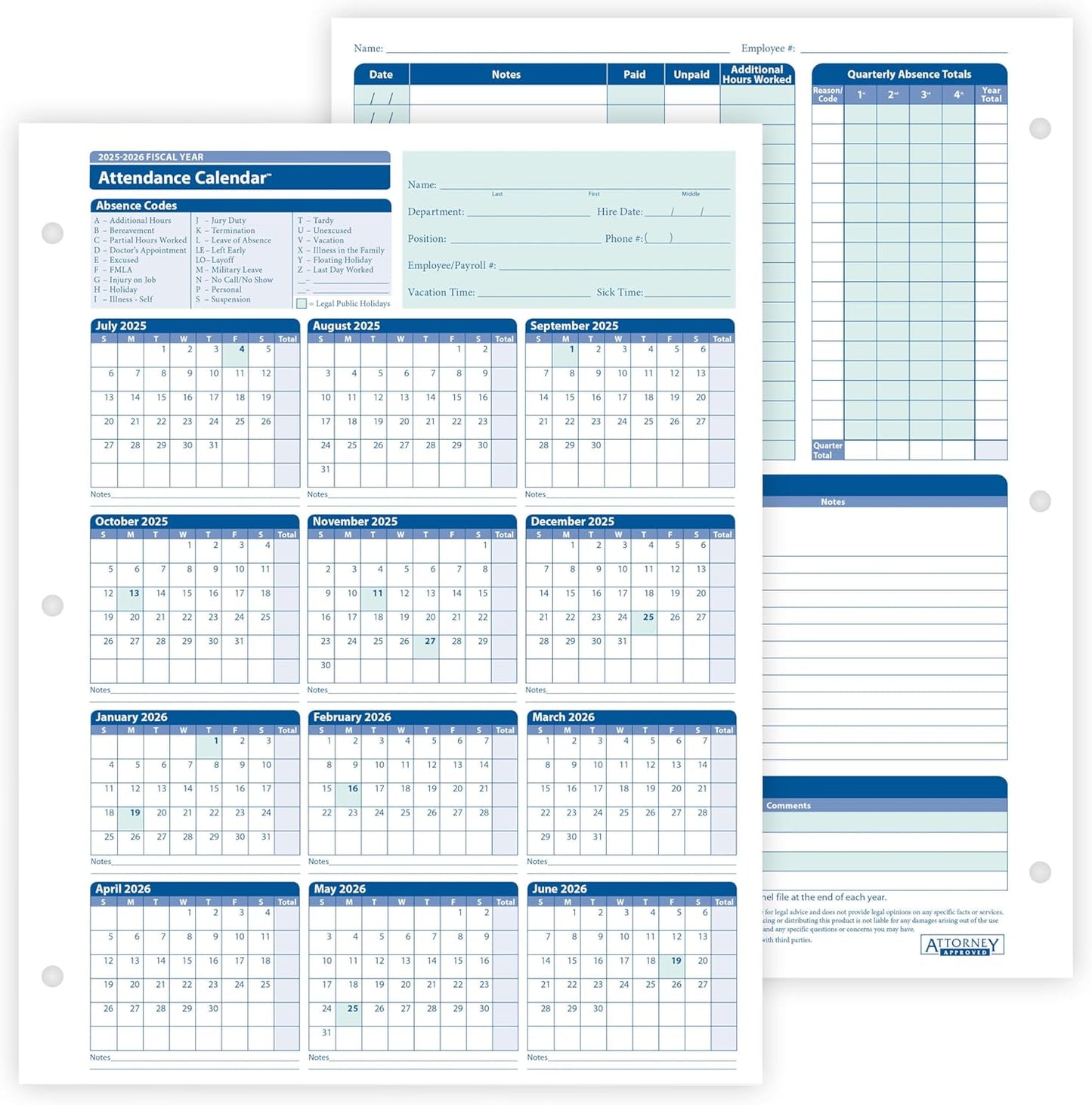 2025-2026 Fiscal Attendance Calendar, Pack Of 50