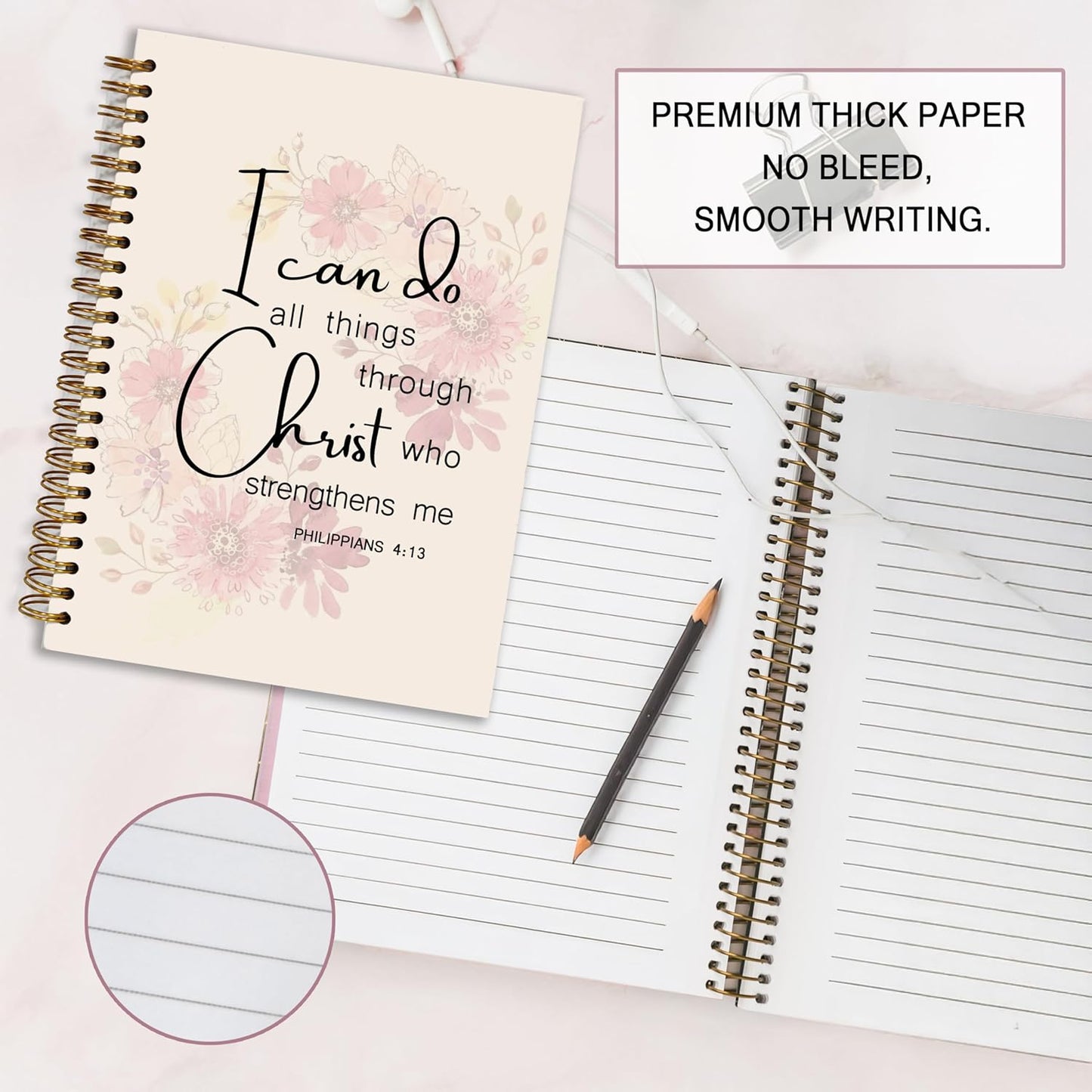 Bible Notebook, A5 Spiral Christian Journal with Pink Floral Notebook, Bible Verse-I Can Do All Things Through Christ Who Strengthens Me, Inspirational Notebooks for Women, Gift for Birthday Christmas