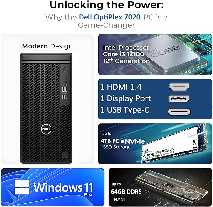 Dell OptiPlex Desktop Computer, 7020 Tower Dekstop PC, 12th Gen Intel 4-Core Processor (Beats Core i7-9700), 16GB DDR5 RAM, 1TB PCIe SSD, DVDRW, WiFi Adapter, RJ-45, Keyboard & Mouse, Windows 11 Pro