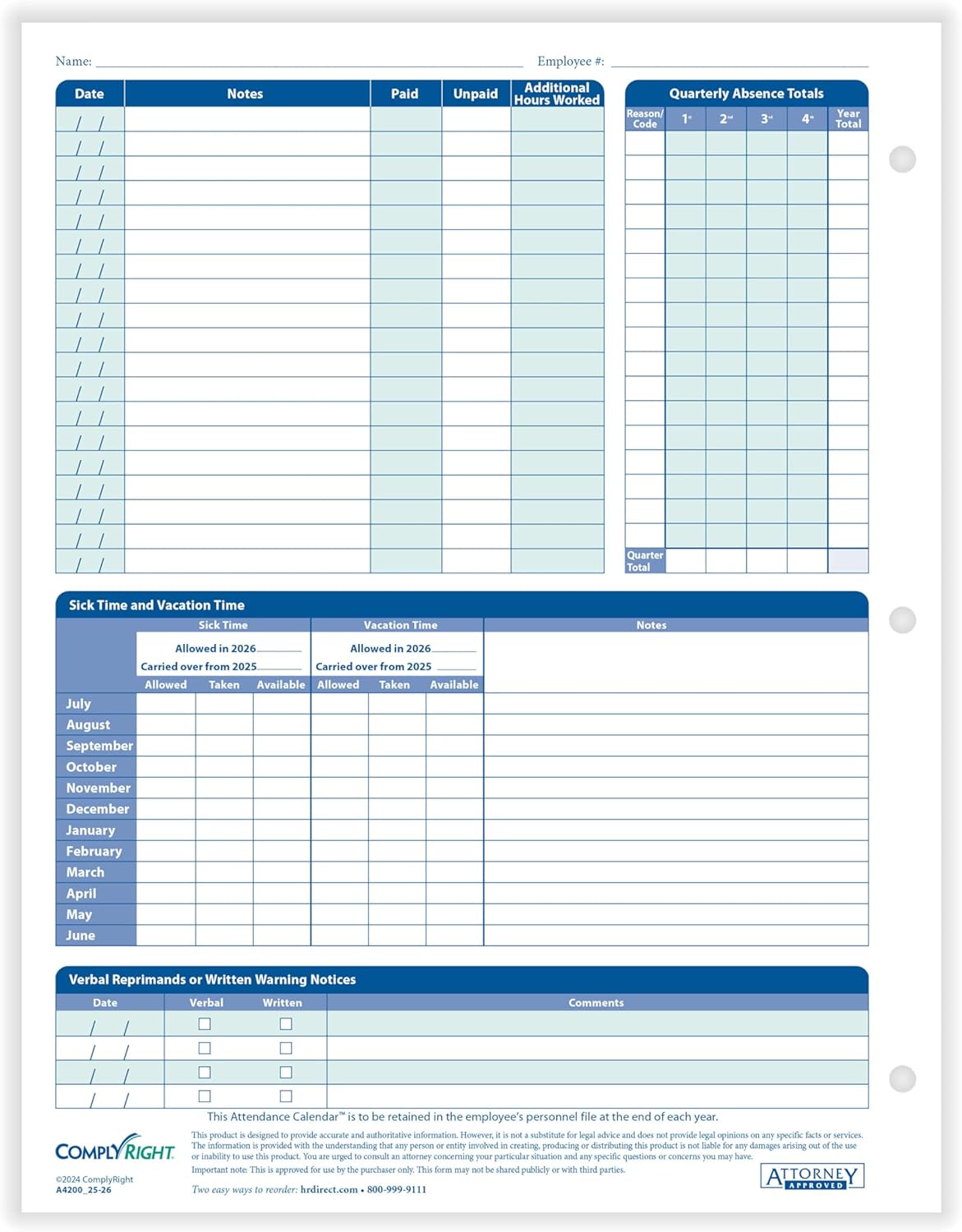 2025-2026 Fiscal Attendance Calendar, Pack Of 50