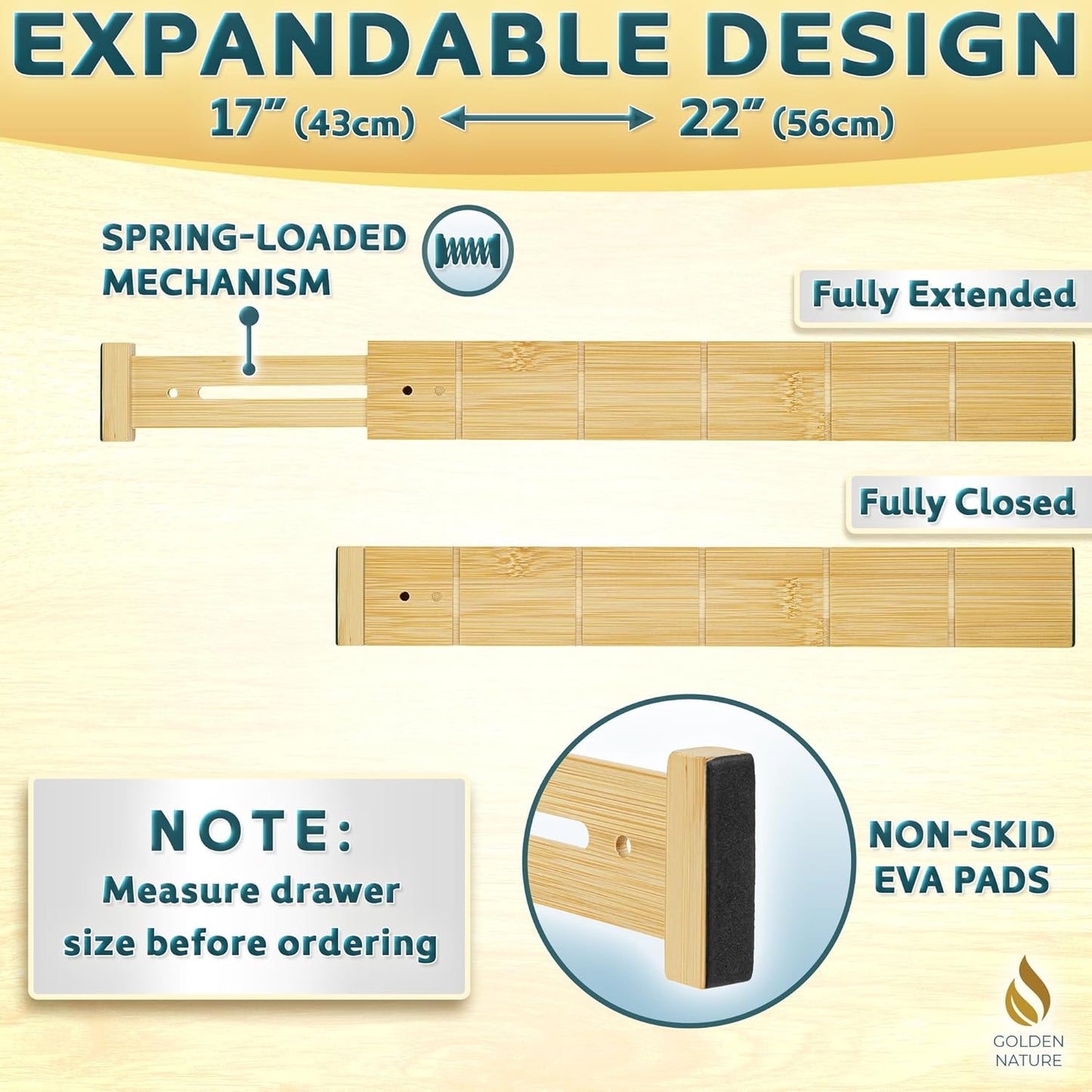 Bamboo Drawer Organizer - with Inserts & Labels, 17-22" - Adjustable Spring Loaded Kitchen Dividers for Utensils & Junk Storage - Expandable Silverware Separators for Organization