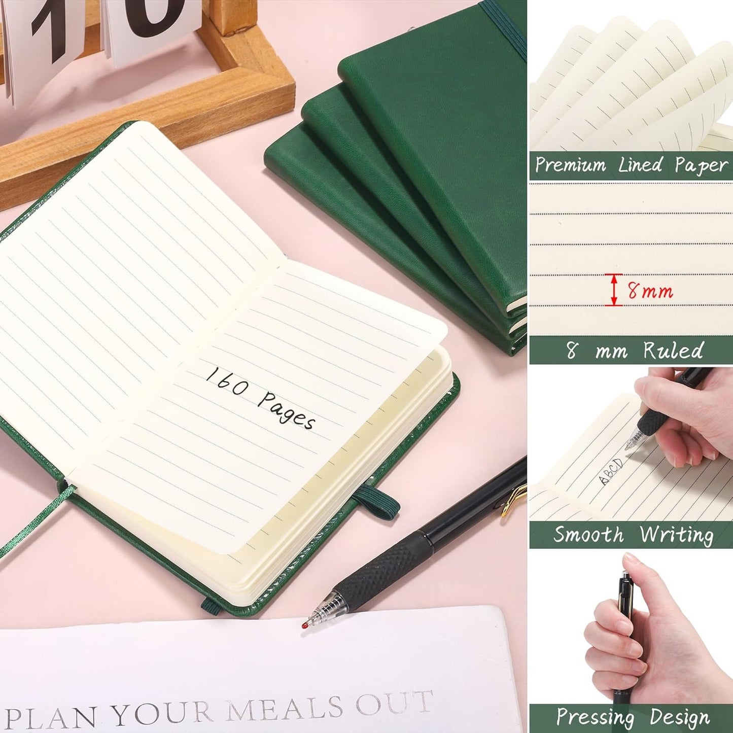 Aodaer 50 Sets Pocket Notebook Journal with Pens, 160 Pages, 3.5 x 5.5 Inch Mini Lined Journal Notebook A6 Leather Hardcover College Ruled Notepad with Pen Holder for School Office Gifts, Dark Green