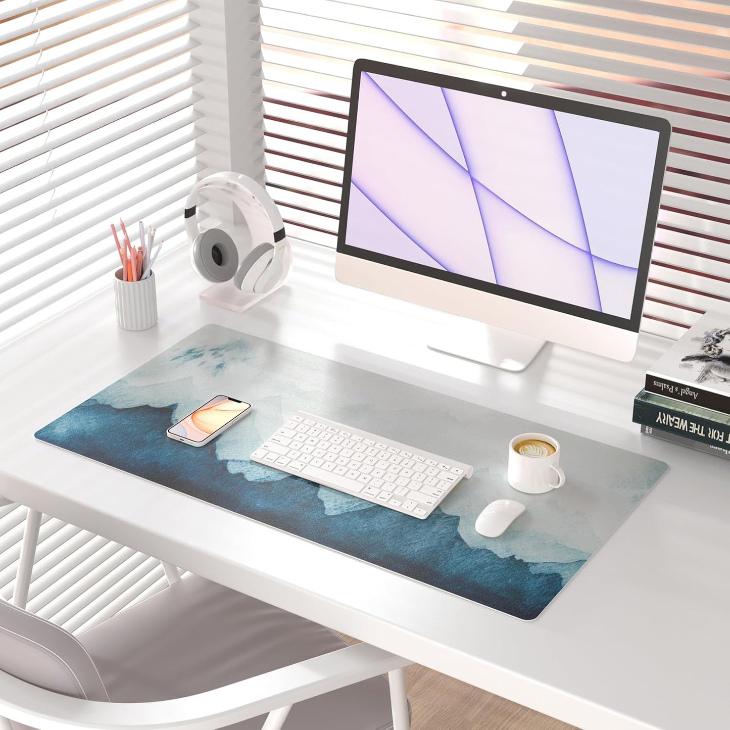 QIYI Desk Pad Large Keyboard and Mouse Pad for Laptop Computer, PU Leather Desk Cover Protector, Desk Décor Accessories for Office Home Work Writing Gaming 31.5" x 15.7" - Watercolor Mountain