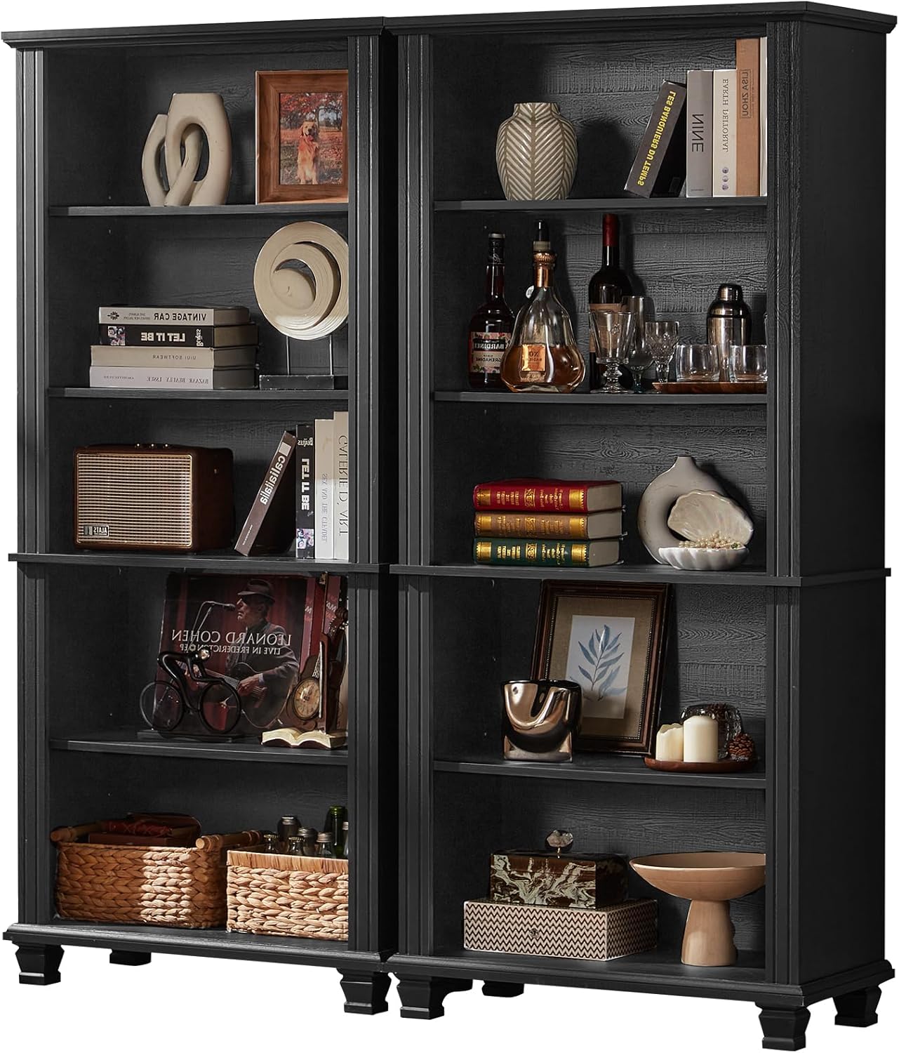 70" Tall Black Bookshelf,5 Tier Wooden Book Shelf with Adjustable Shelves & Wood Legs,Free Standing Farmhouse Bookcase with Open Display Storage,Vintage Bookshelves for Living Room, 2PCS