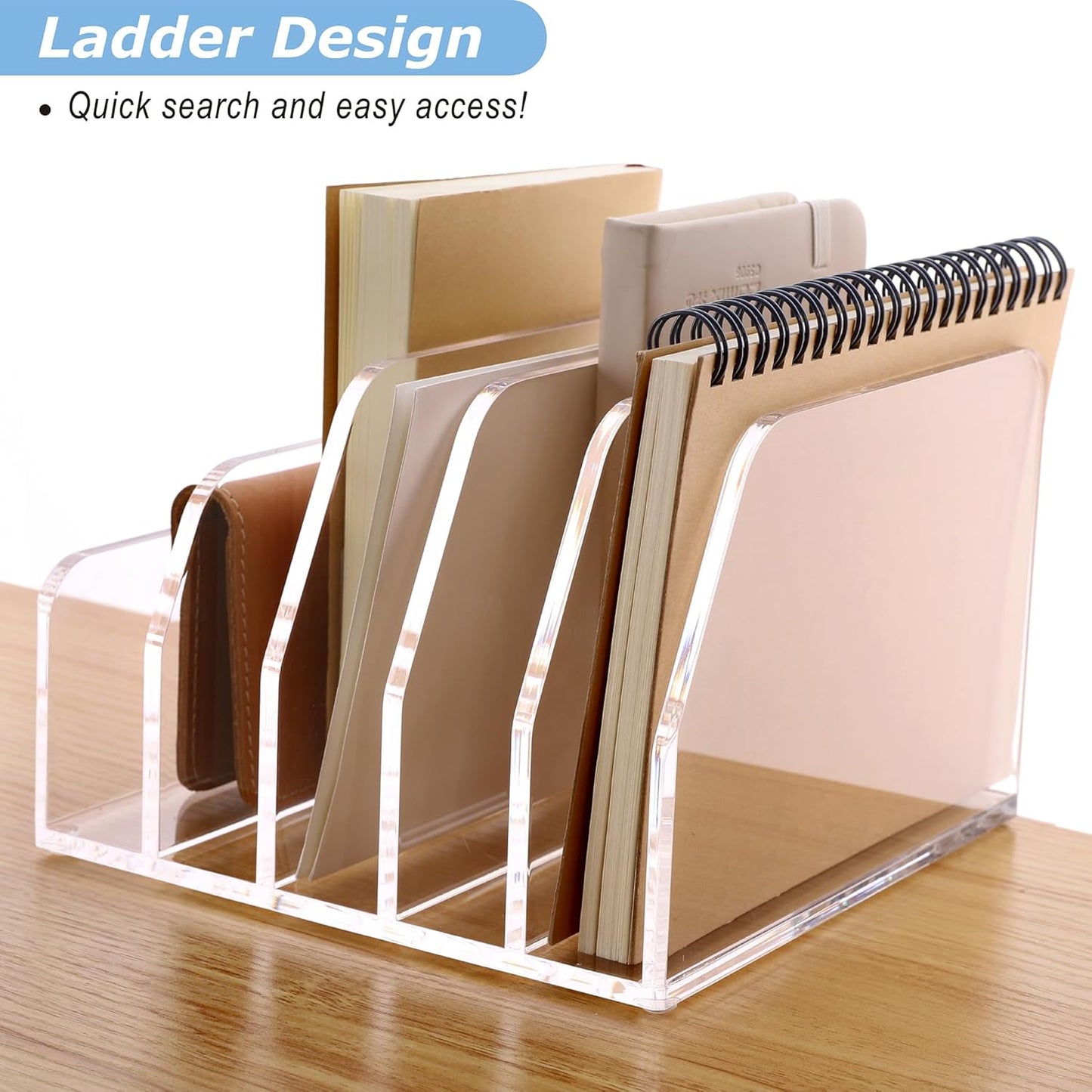 SANRUI Acrylic Desk File Organizer Holder for Desk, Clear Laddered 5 Upright Compartments Mail Sorters, Multifunction Desktop Envelope Folder Racks Document Holders for Office, Home, School