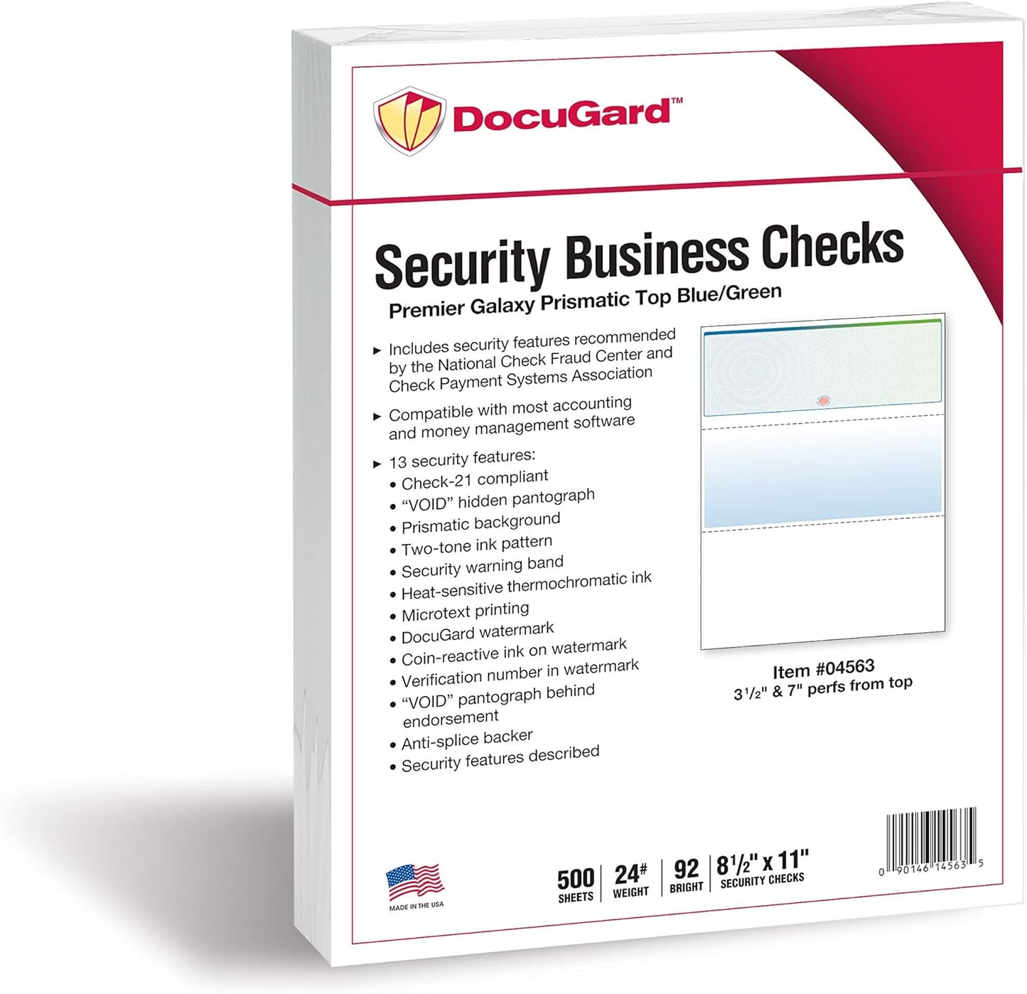 DocuGard Blue/Green Galaxy Premier Prismatic Top High Security Check Paper - QuickBooks & Laser/Inkjet Printer Compatible - 13 Security Features - 500 Blank Business Checks (04563)