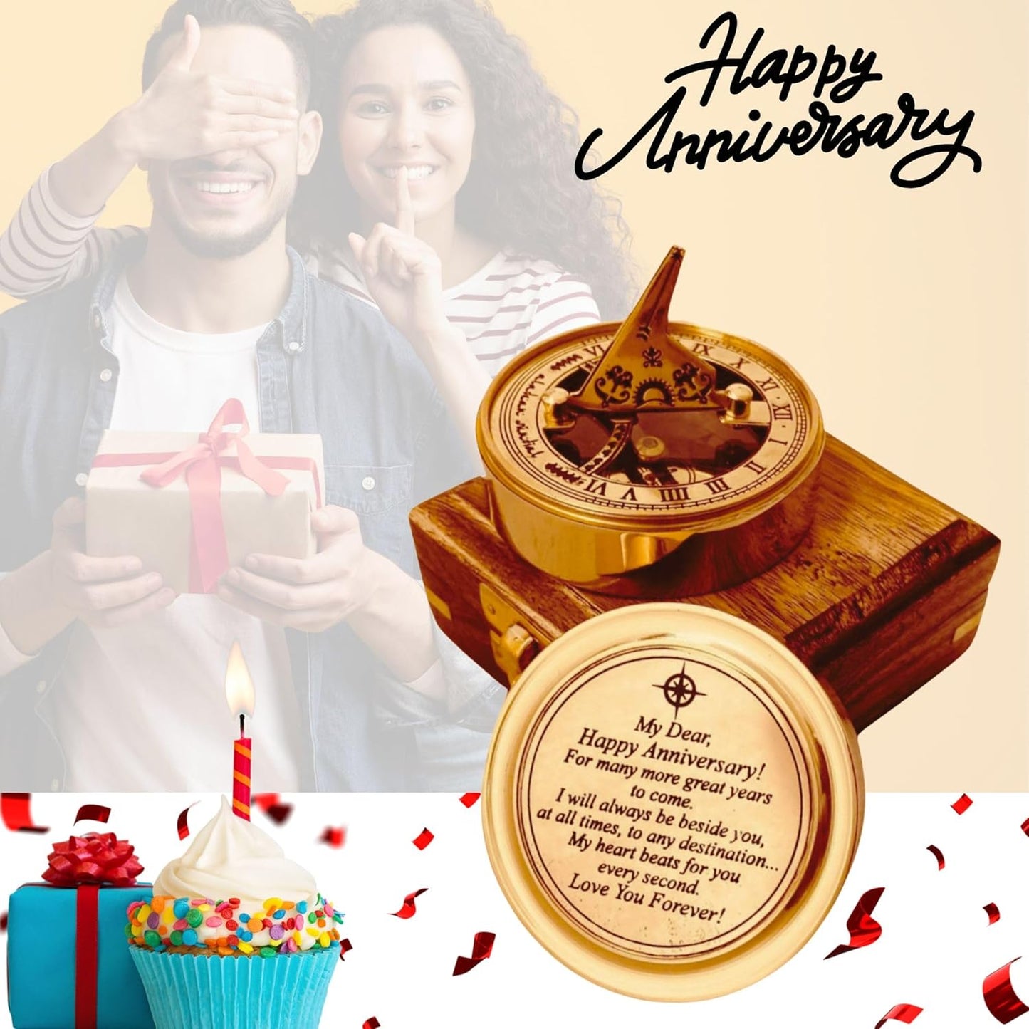 Anniversary Sundial Gift for Him or Her Sundial Clock Compass - Unique Gift for Husband or Wife, Men 1st Wedding Anniversary 50th 40th 25th 20th Year Celebration (Anniversary Sundial Wood Box)