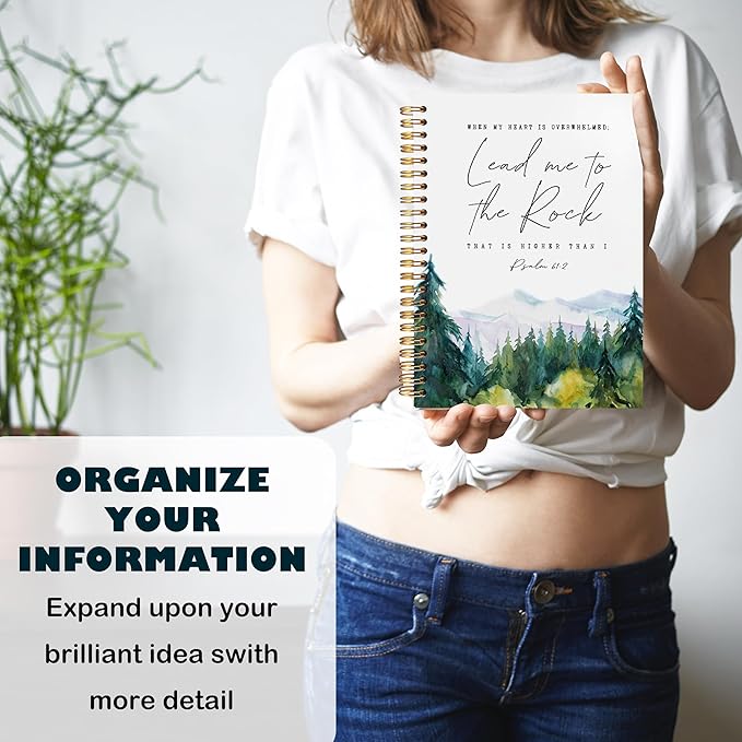 BearCake Christian Notebook Journal, Prayer Journal for Women, Lead Me To the Rock That is Higher Than I Bible Notebooks for Note Taking, Watercolor Woodland Hardcover Spiral Notebook 5.5x8.3