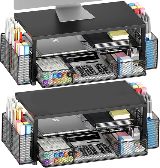 Desk Organizer and Accessories, 2-Tier Computer Monitor Stand Riser with Drawer and 2 Pen Holders, Laptop Stand, Office Desk Accessories for Office Supplies, Black 2-Pack