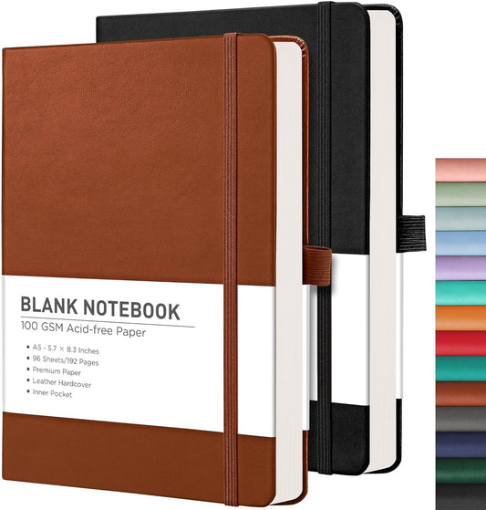 RETTACY Blank Journal Notebook, 2-Pack, 192 Pages per Pack, A5 Medium Size (5.7'' x 8.3''), Leather Hardcover, 100 GSM Thick Paper, for Sketching, Drawing, Painting (Black & Brown)