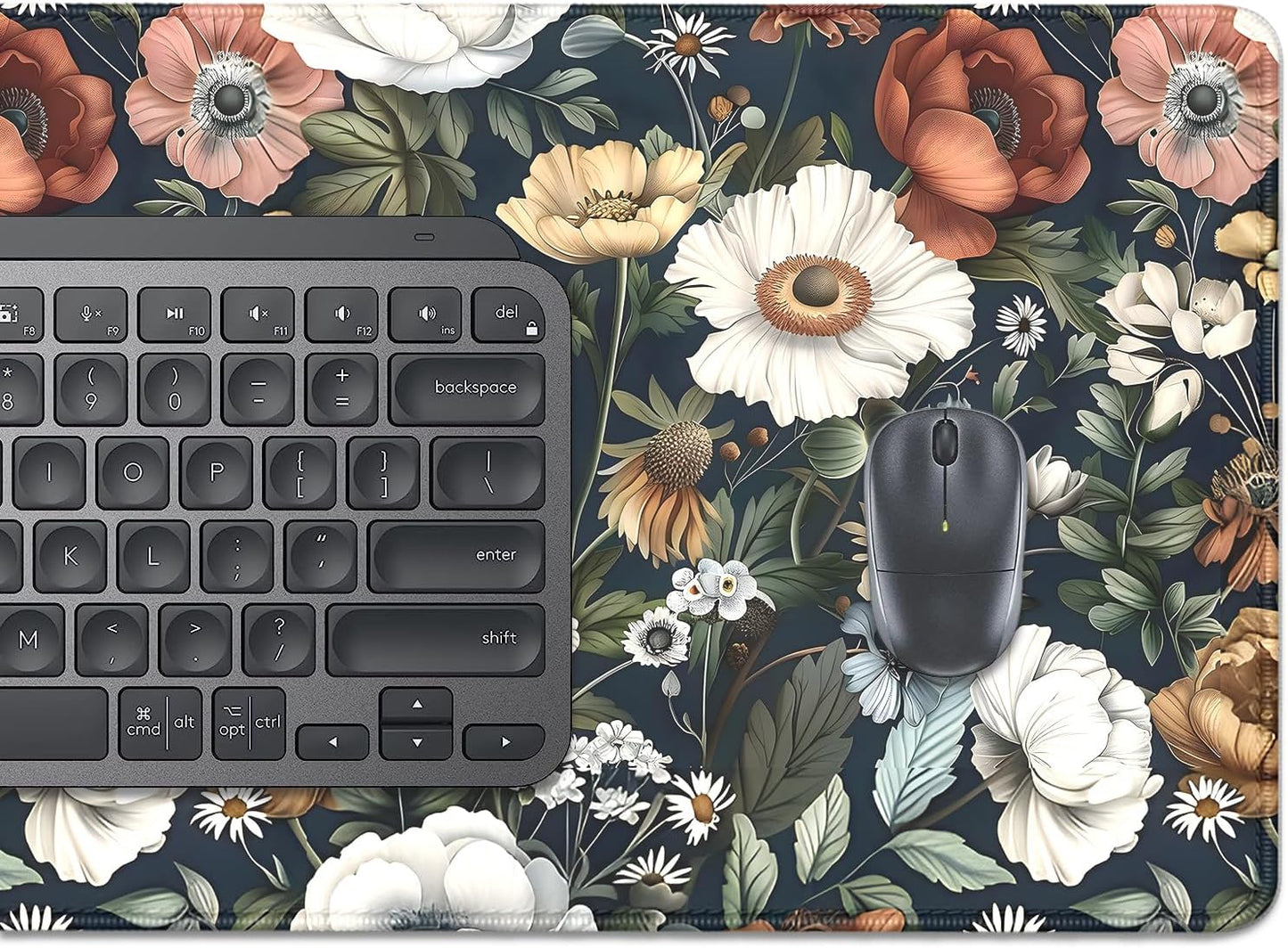 Colorful Flowers Desk Pad Mouse Pad,Daisy Floral Mouse Mat with Stitched Edges,Non-Slip Rubber Base Mousepad for Office PC Keyboard Laptop and Home Work Desk Mat(27.5X11.8 in)