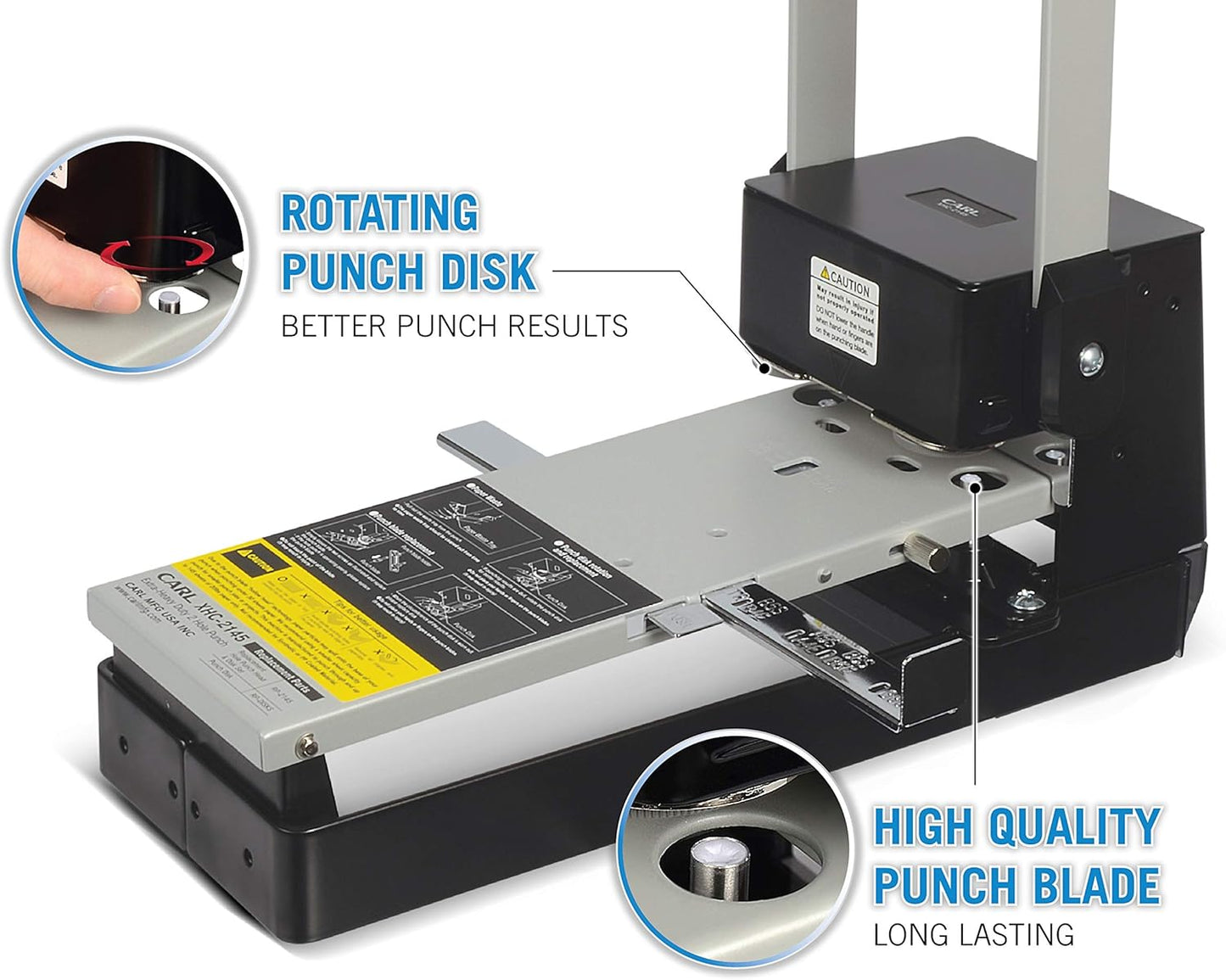 CARL, XHC-2145, Heavy Duty 2-Hole Punch – 145 Sheet Capacity Paper Puncher with Precise Spacing, Built-in Waste Bin, Fits US & Metric Brooch Sizes – Office, School & Binder-Ready Use.