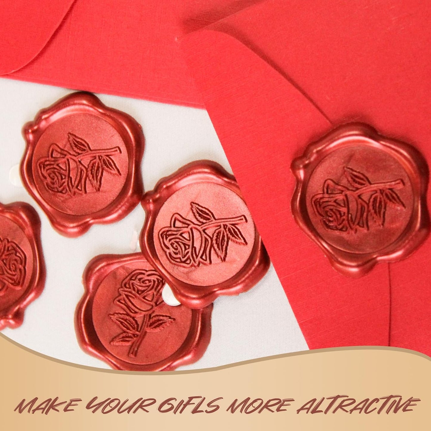 50pcs Red Rose Wax Seal Stickers, Rose Wax Seal, Red Rose Stickers for Envelopes, Waterproof, for Wedding Invitation, Christmas