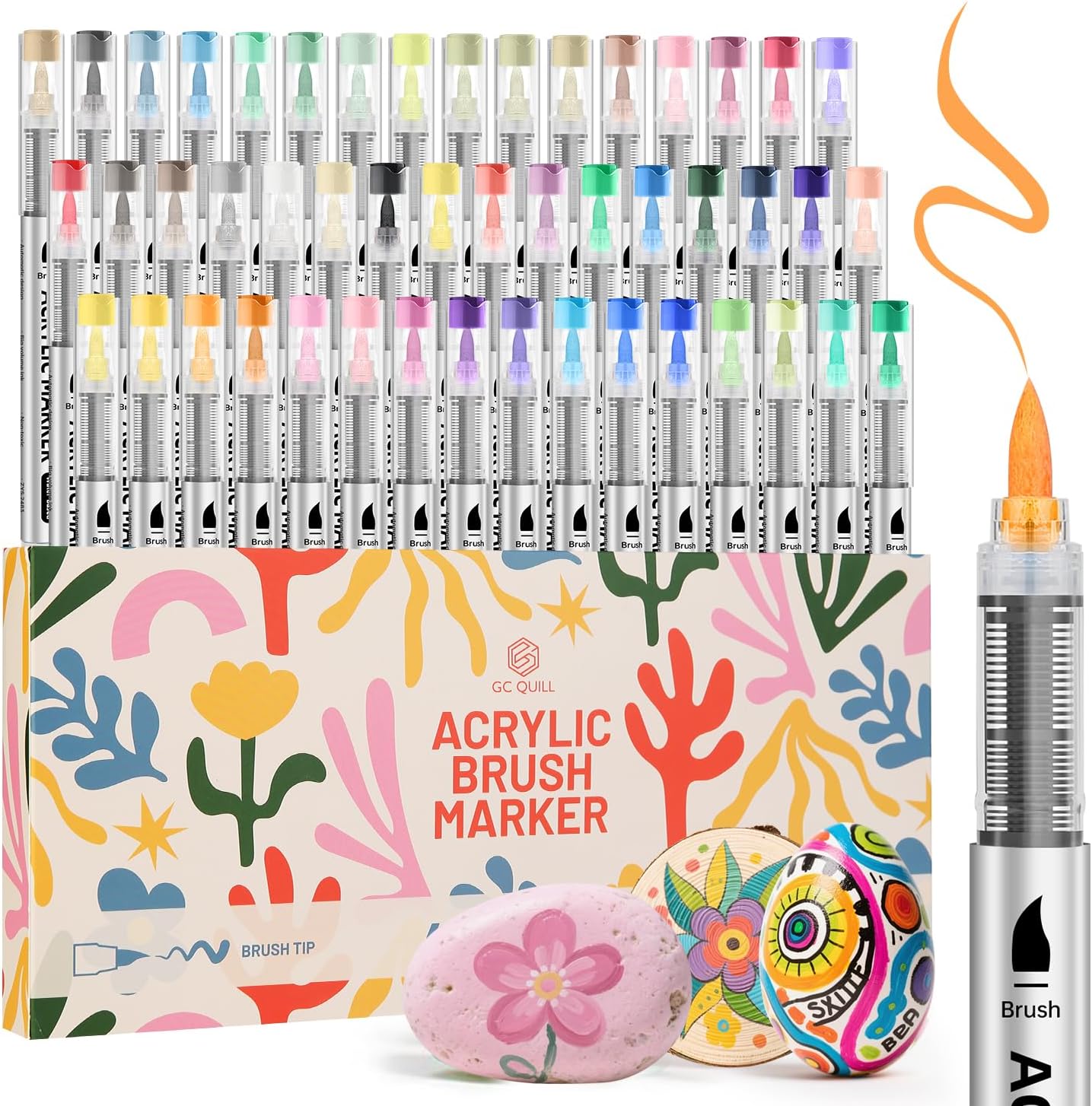 GC QUILL Acrylic Paint Markers – 48 Colors Acrylic Paint Pens with Brush Tip for Rock, Wood, Glass, Canvas, DIY Crafts – Acrylic Markers Set for Kids, Adults, Artists & Crafters GC-AM48