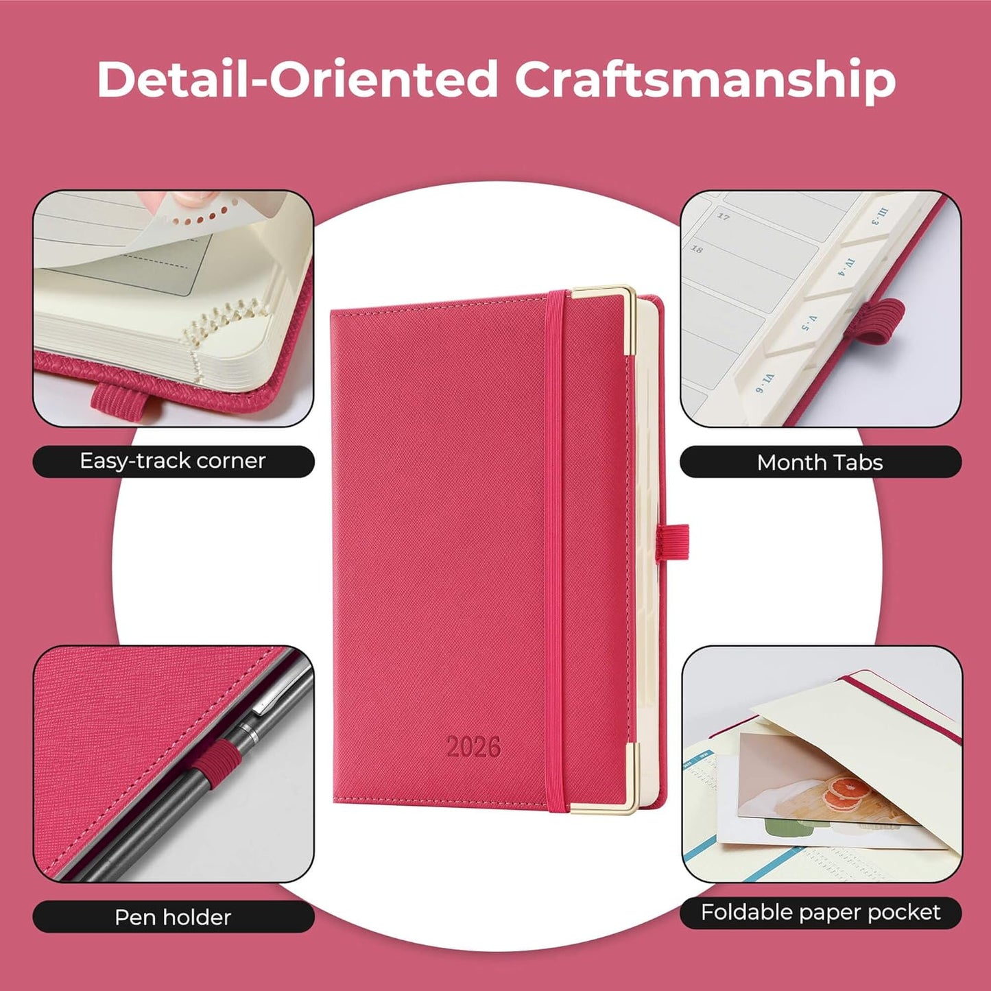 Daily Planner 2026 with One Page Per Day,(A5-8.5" x 5.9"),12 Months Calendar Hourly Appointment Book Monthly Tabs & Self-adhesive Pen Holder,Inner Pocket, Vegan Leather Hardback,Rose Red