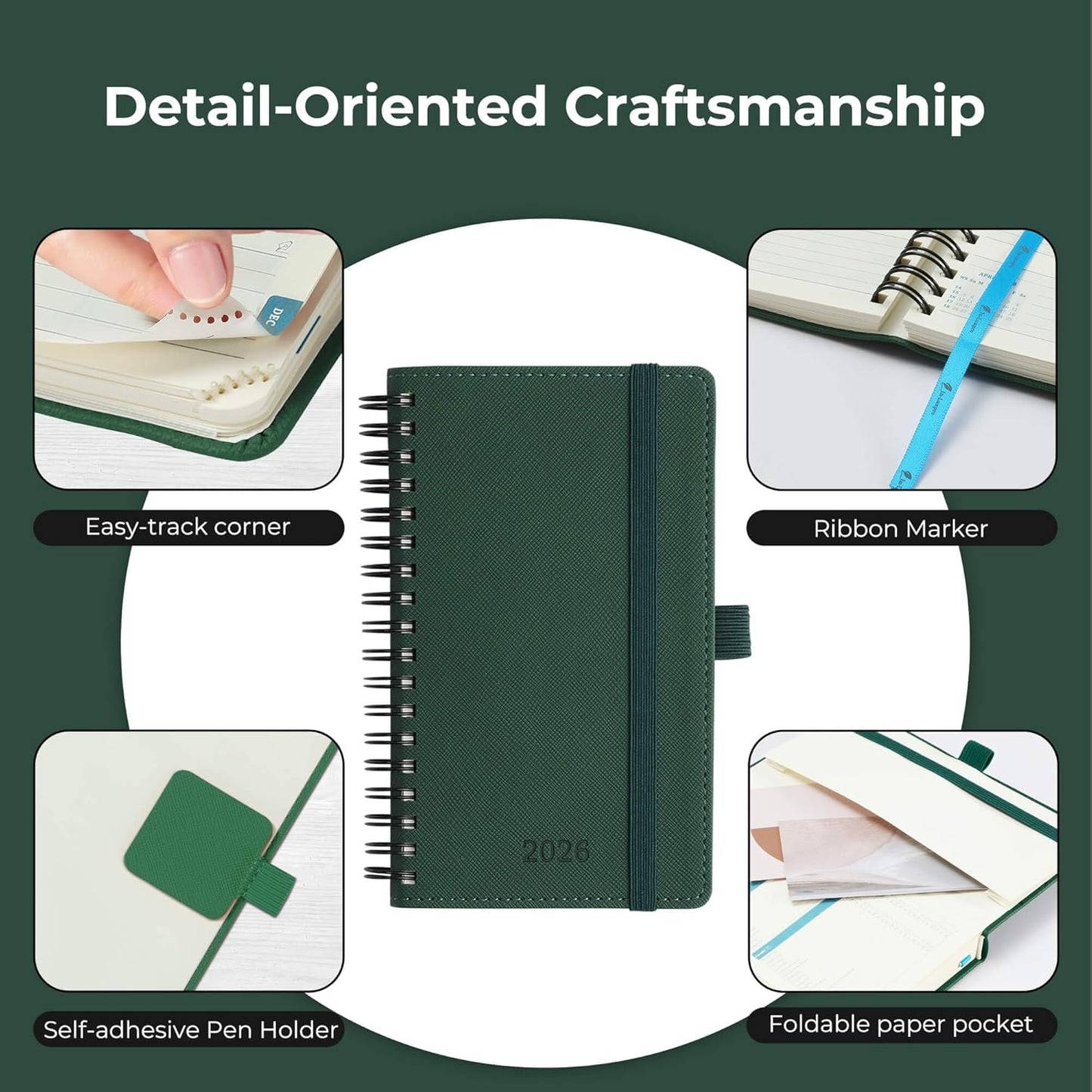 Planner 2026 Daily Weekly and Monthly,6.5"x3.75",12 Months Spiral Bound Calendar Agenda with Self-adhesive Pen Holder,2026 Appointment Book with Vegan Leather Soft Cover,Green