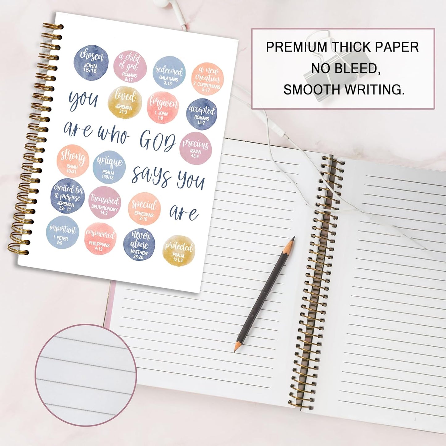 Bible Notebook, A5 Spiral Christian Journal Bible Verse-God Says You Are, Inspirational Notebooks for Women, Bible Study, Gift for Birthday Christmas, Office Supplies (Light blue)