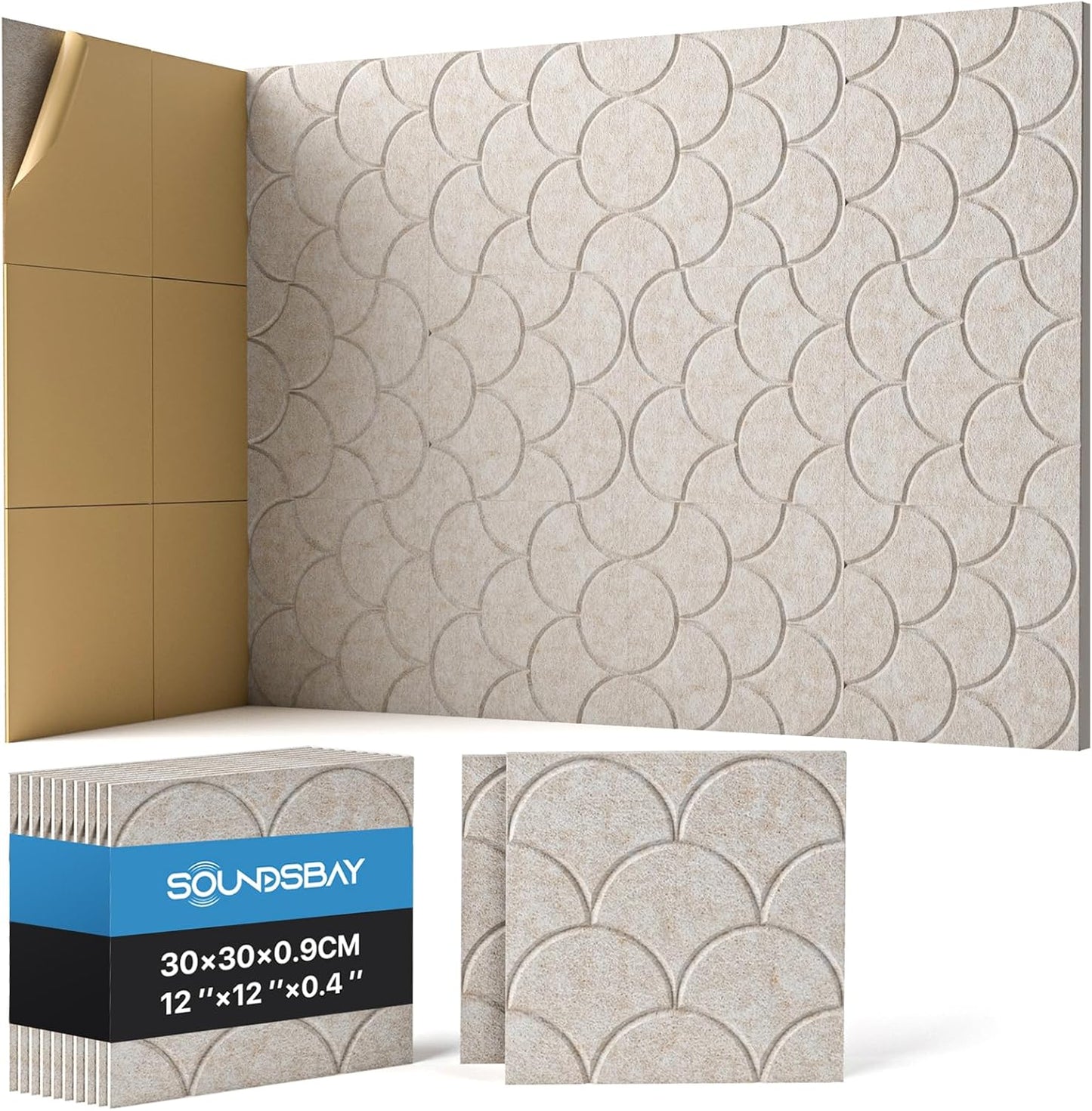 12-Pack Shell Acoustic Wall Panels Self-Adhesive, 10.6lb/ft³ High Density Sound Proof Foam Panels for Walls, 12" X 12" Soundproof Wall Panels for Door, Ceiling, Home Office, Beige
