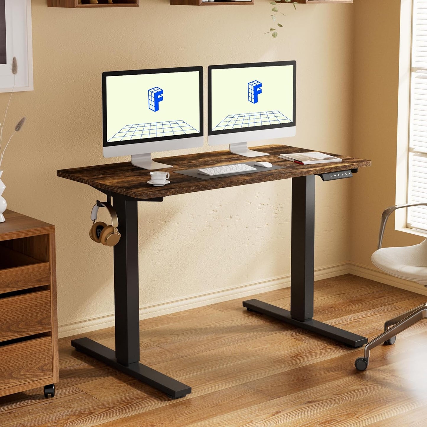 FLEXISPOT EN1 Whole-Piece Standing Desk, 55x28 Inches Electric Sit Stand Desk with Automatic Smart Keypad (Black Frame + Rustic Top, 2 Packages)