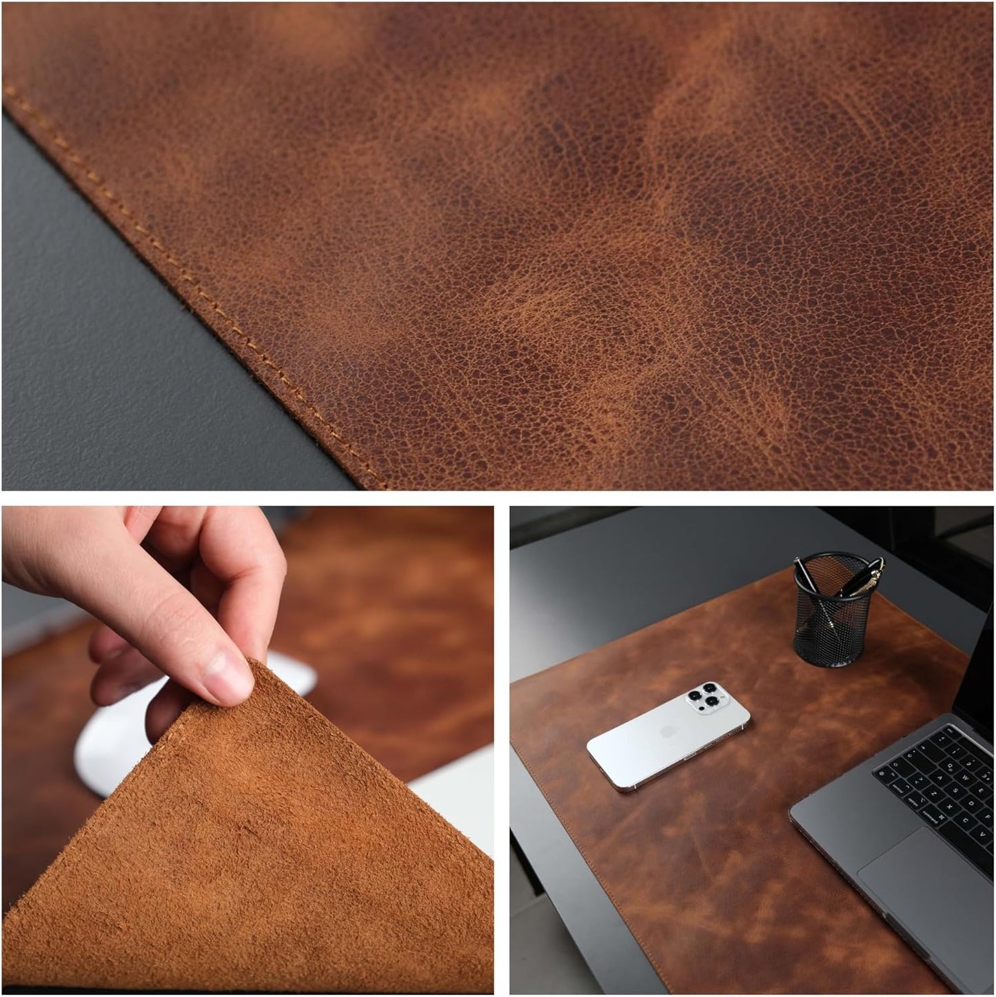 Jersey Genuine Calfskin Leather Desk Pad, Office Desk Mat with Non-Slip Bottom, Smooth Surface for Mouse & Keyboard, Desk Protector (14.6x31.5 inches) (Antic Tan)