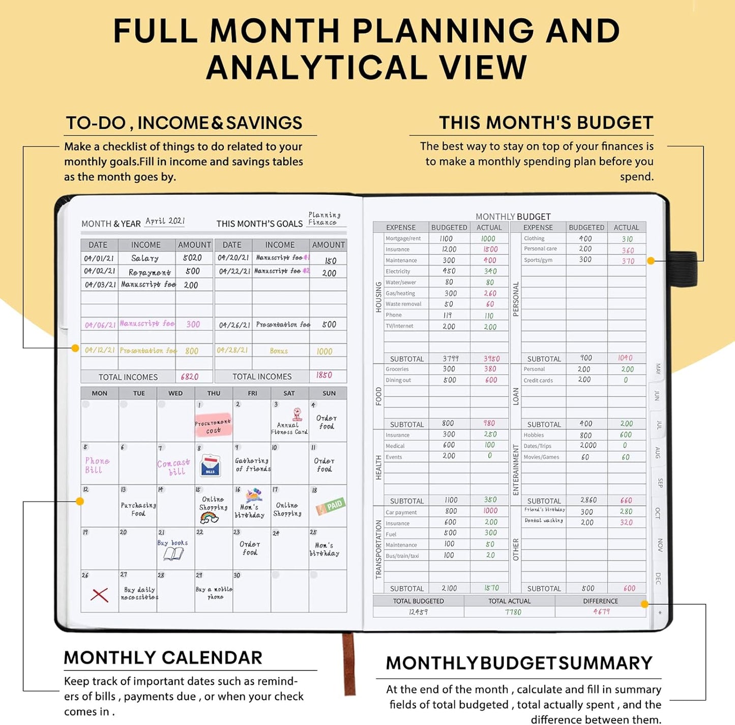 Budget Planner with Monthly Tabs,Large Size, Budgeting Journal and Budget Book to Control Your Money, Hardcover (Black)