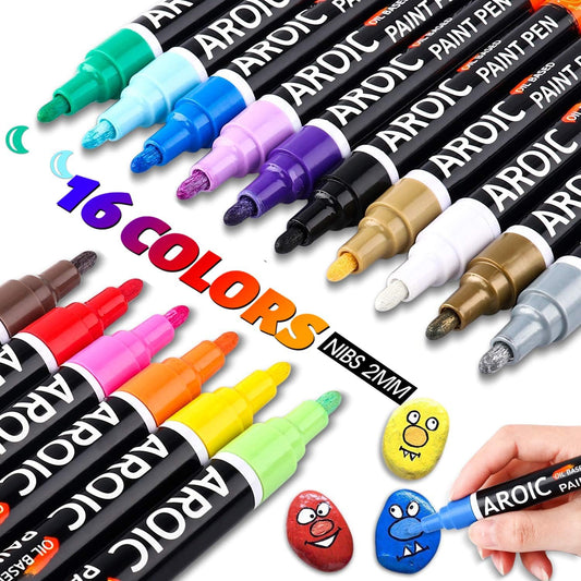 AROIC Paint Pens Paint Markers, 16 colors Oil-Based Waterproof Painting Marker Pen Set On Rock, Wood, Fabric, Metal, Plastic, Glass, Canvas, Mugs, Waterproof, DIY Craft and More