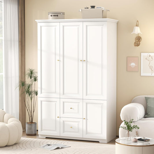 White Armoire Wardrobe Closet with Drawers: Wardrobe Closet for Hanging Clothes, Modern Bedroom Armoires with Hanging Rod, Wardrobes Closets with Doors and Shelves (White, 47")