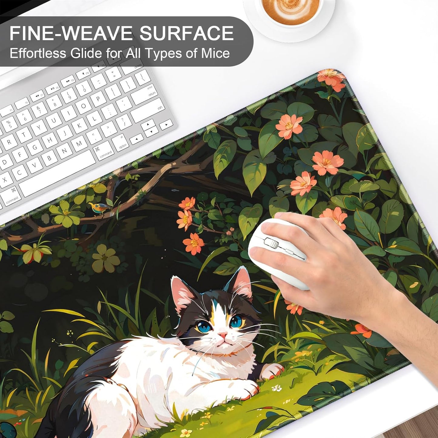 Auhoahsil Large Mouse Pad, XXL Gaming Mousepad, Desk Mat for Desktop, Thick Rubber, Big & Long Size, Stitched Edges, Full Desk Pad for Laptop & Computer, Extended 35.4 x 15.7 in, Cat Shrubbery