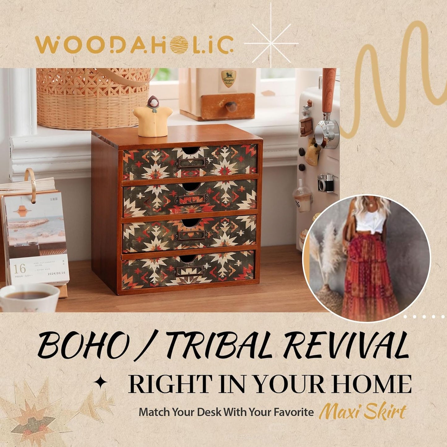 Boho Green Wooden Desk Organizer with Drawers – 4-Drawer Desktop Storage Box – Rustic Tribal Wood Desk Organizer for Office, Vanity, or Craft Supplies – Compact & Stylish Wooden Storage Drawers